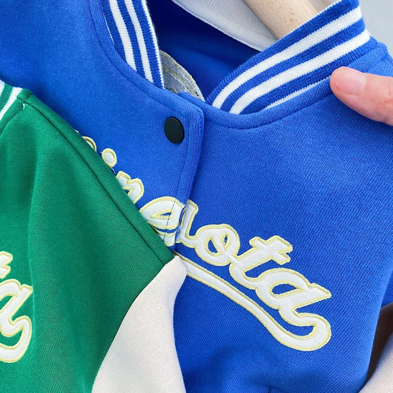 Boys cotton baseball jacket with stand-up collar in blue, black or green, sizes 100cm to 140cm