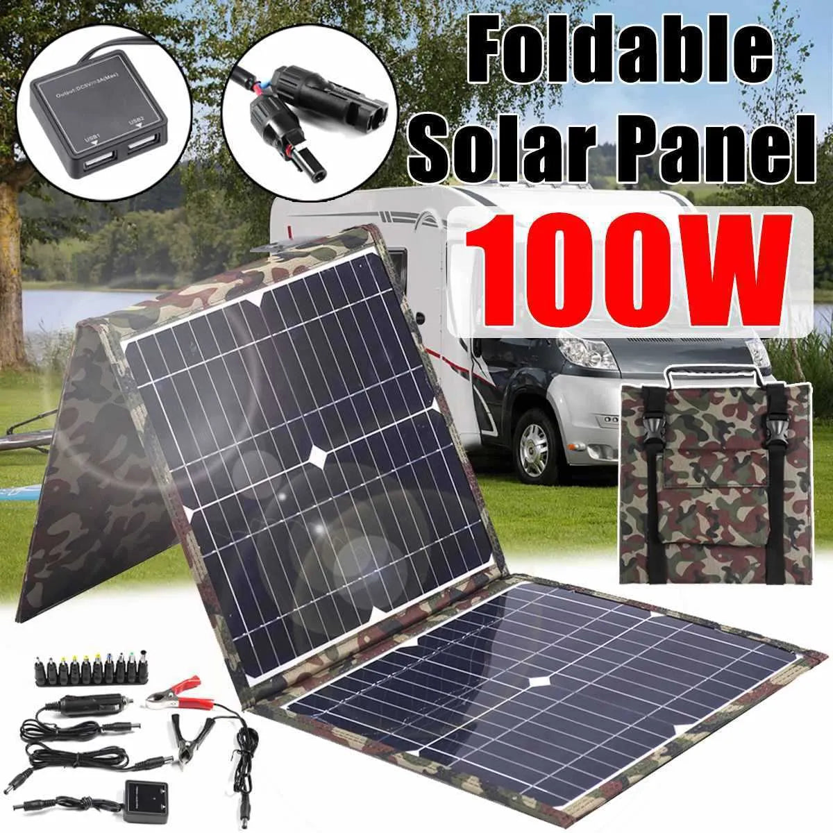 Black foldable solar panel showing three monocrystalline silicon cells, folded to 87cm length with carrying bag and accessories