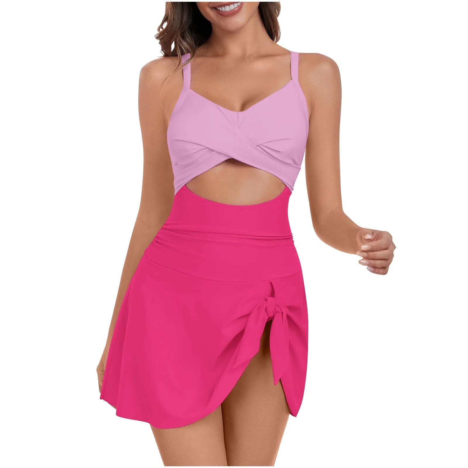 Women's solid colour one-piece swimsuit dress with adjustable straps on a mannequin, shown in pink rose red.