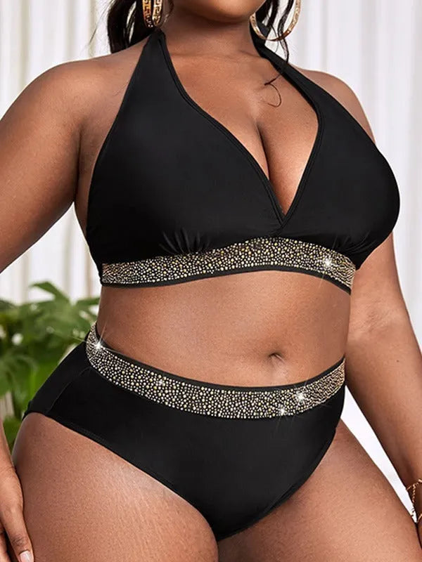 Black plus size women's bikini swimsuit with bra top and shorts, sizes 0XL to 4XL.