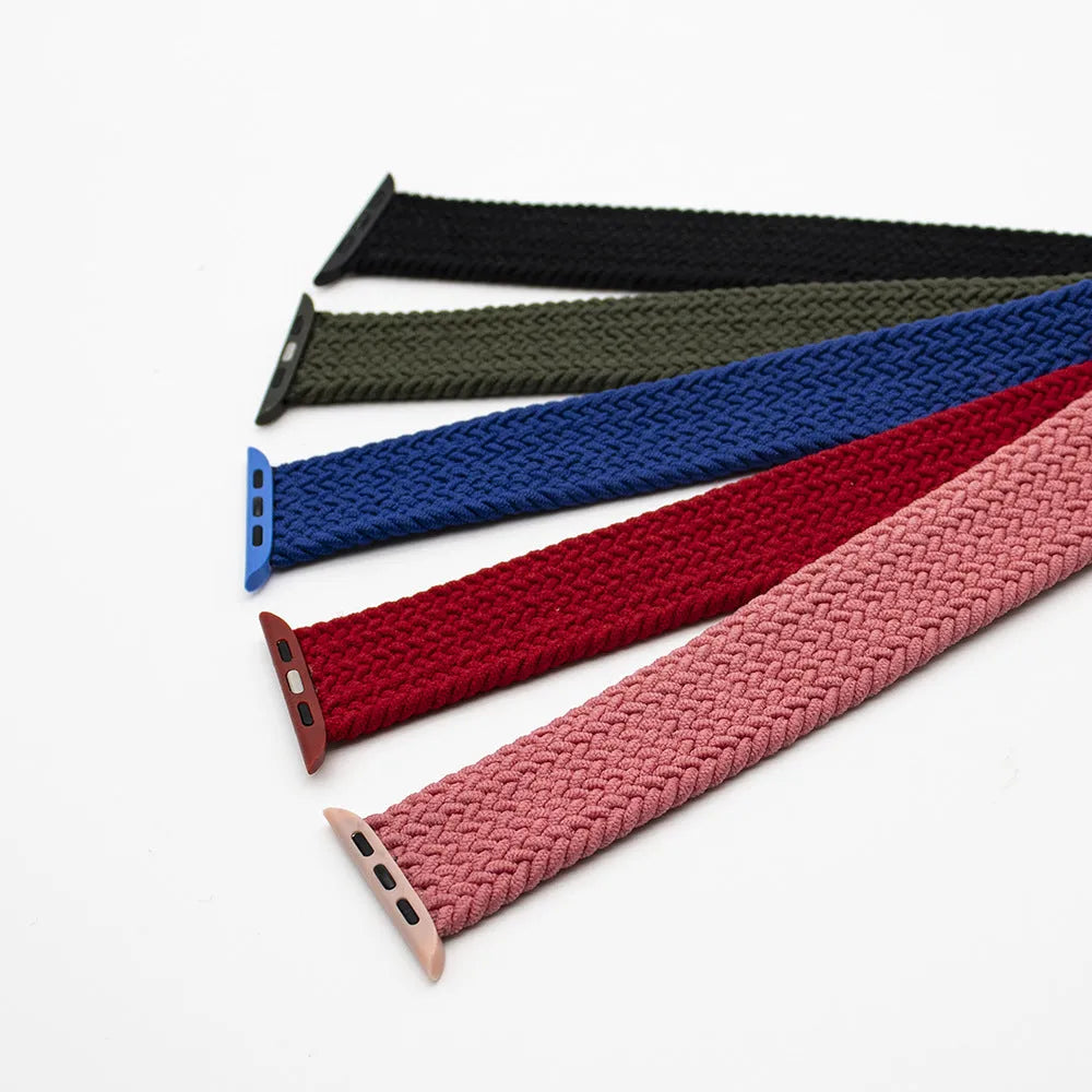 Woven Apple Watch strap in five colours with recycled yarn construction and plastic head