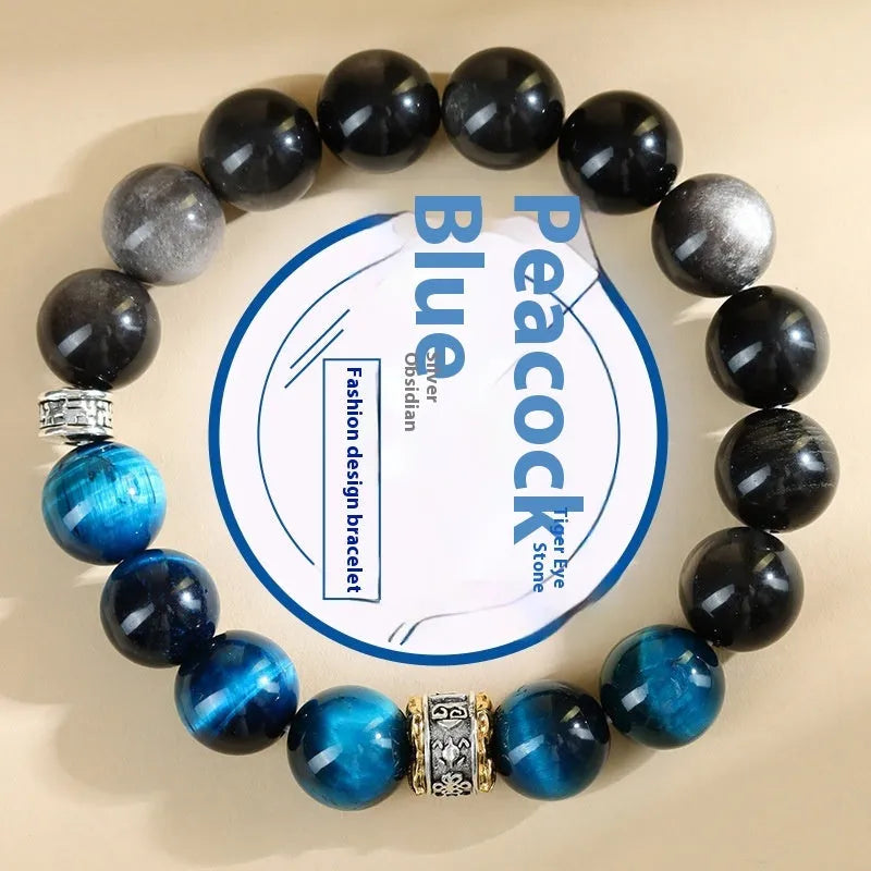 Handmade peacock blue Tigereye stone bracelet with geometric round design and adjustable wristband