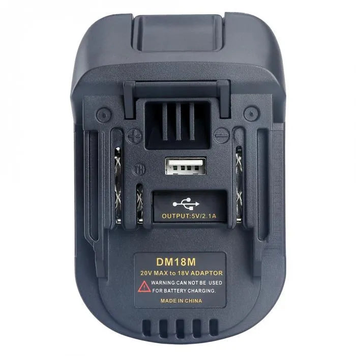 Black Milwaukee DM18M to MAKITA H99F battery adapter showing terminal connections and compact 125mm design