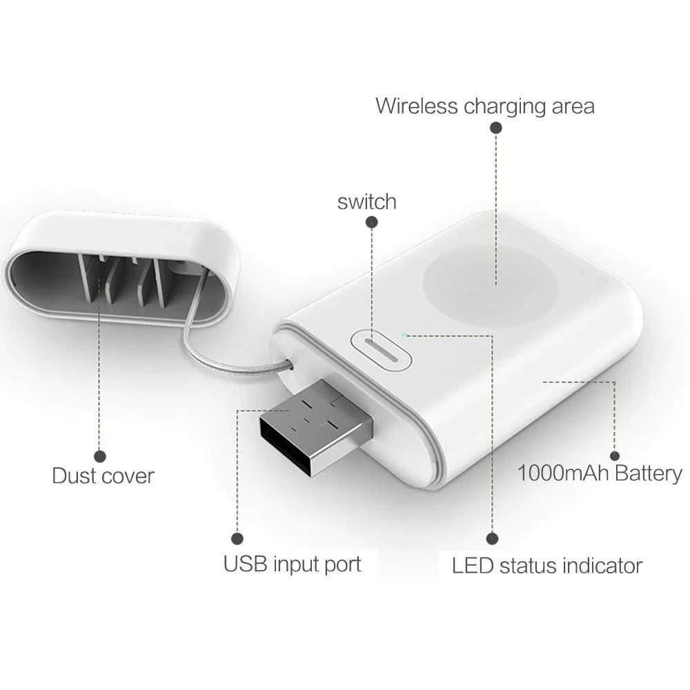 White Apple Watch magnetic wireless portable charger showing compact dimensions