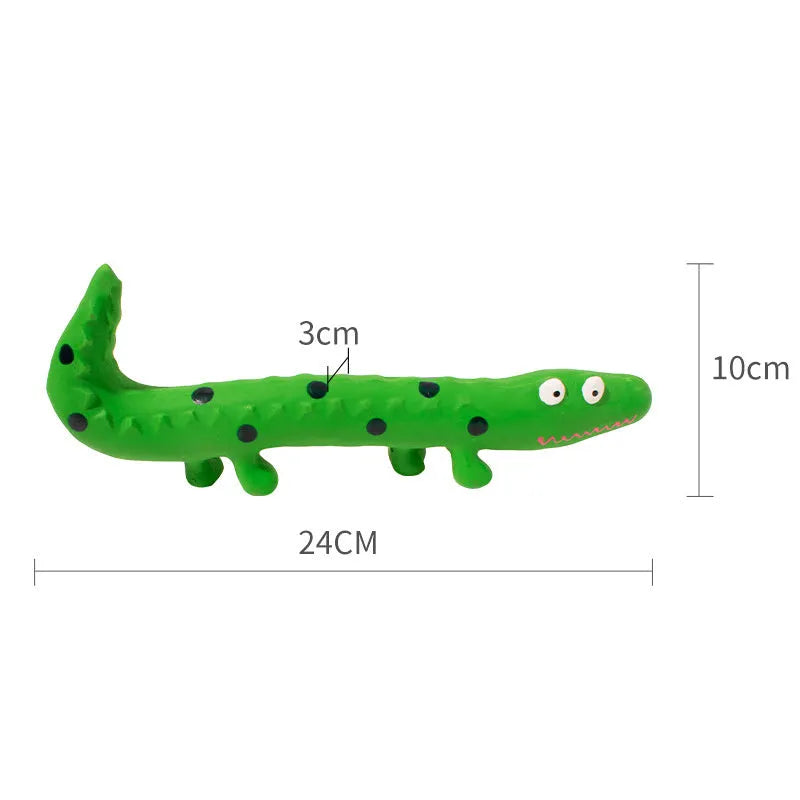 Green lizard-shaped dog chew toy with squeaker, 24cm long for aggressive chewers