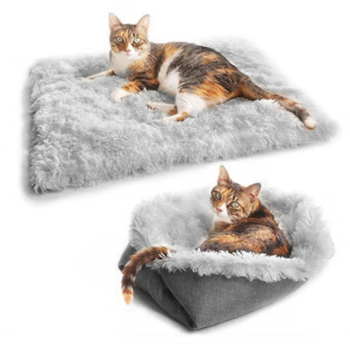 Grey double layer pet blanket nest with fluffy plush top and black non-slip bottom.