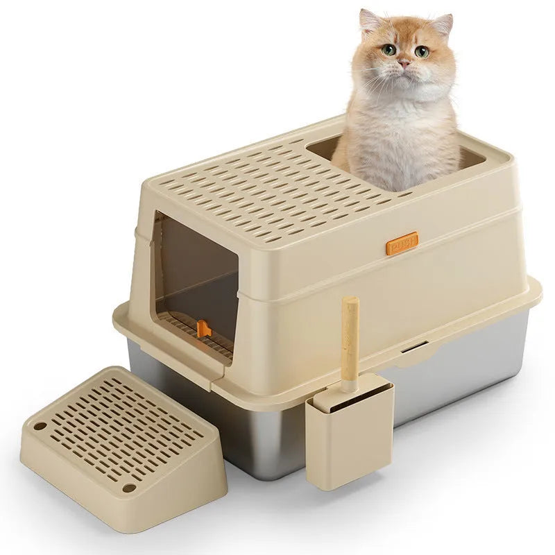 Large grey stainless steel cat toilet with pedal-operated lid, enclosed design