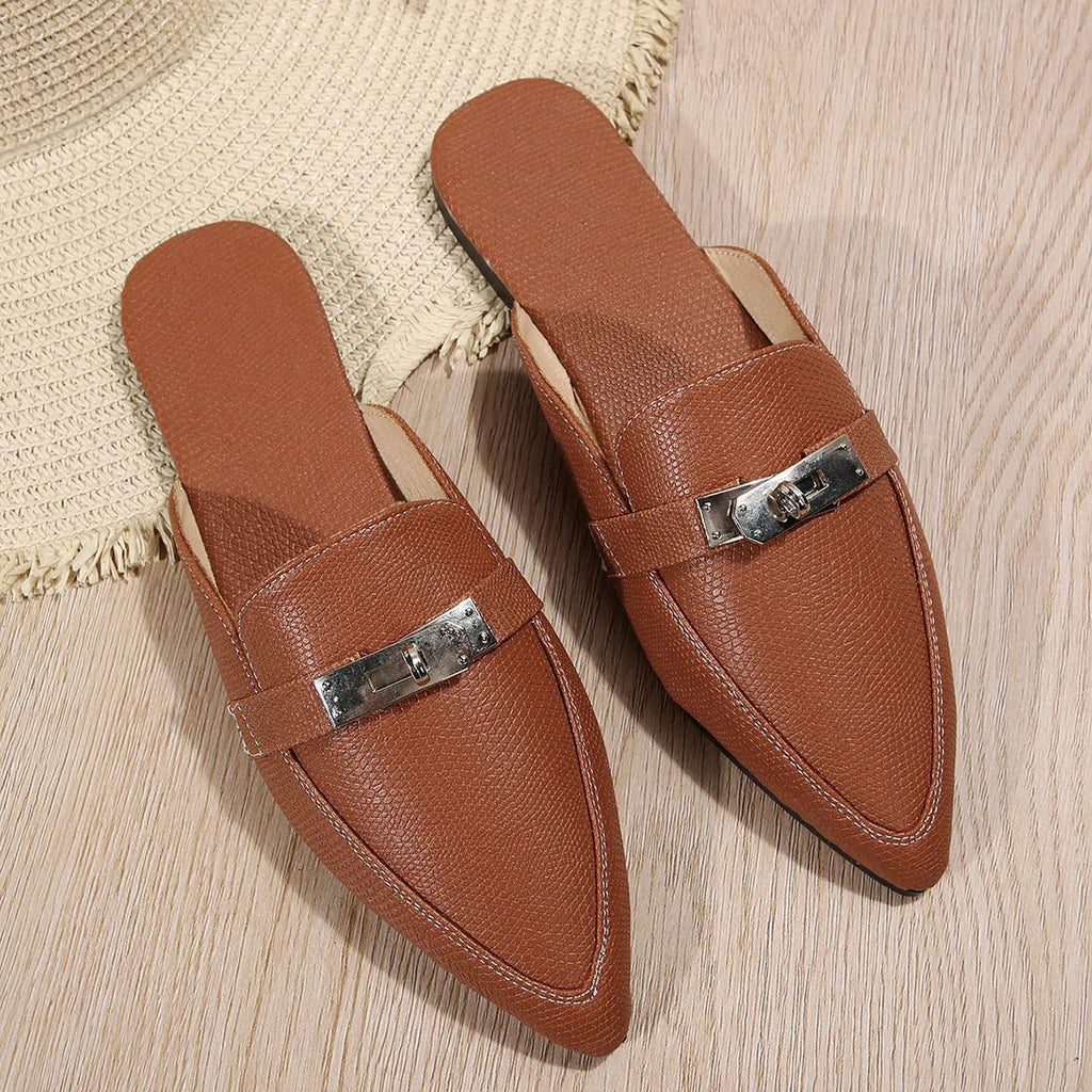 Light brown women's pointed-toe semi-slippers with a low heel and rubber sole.