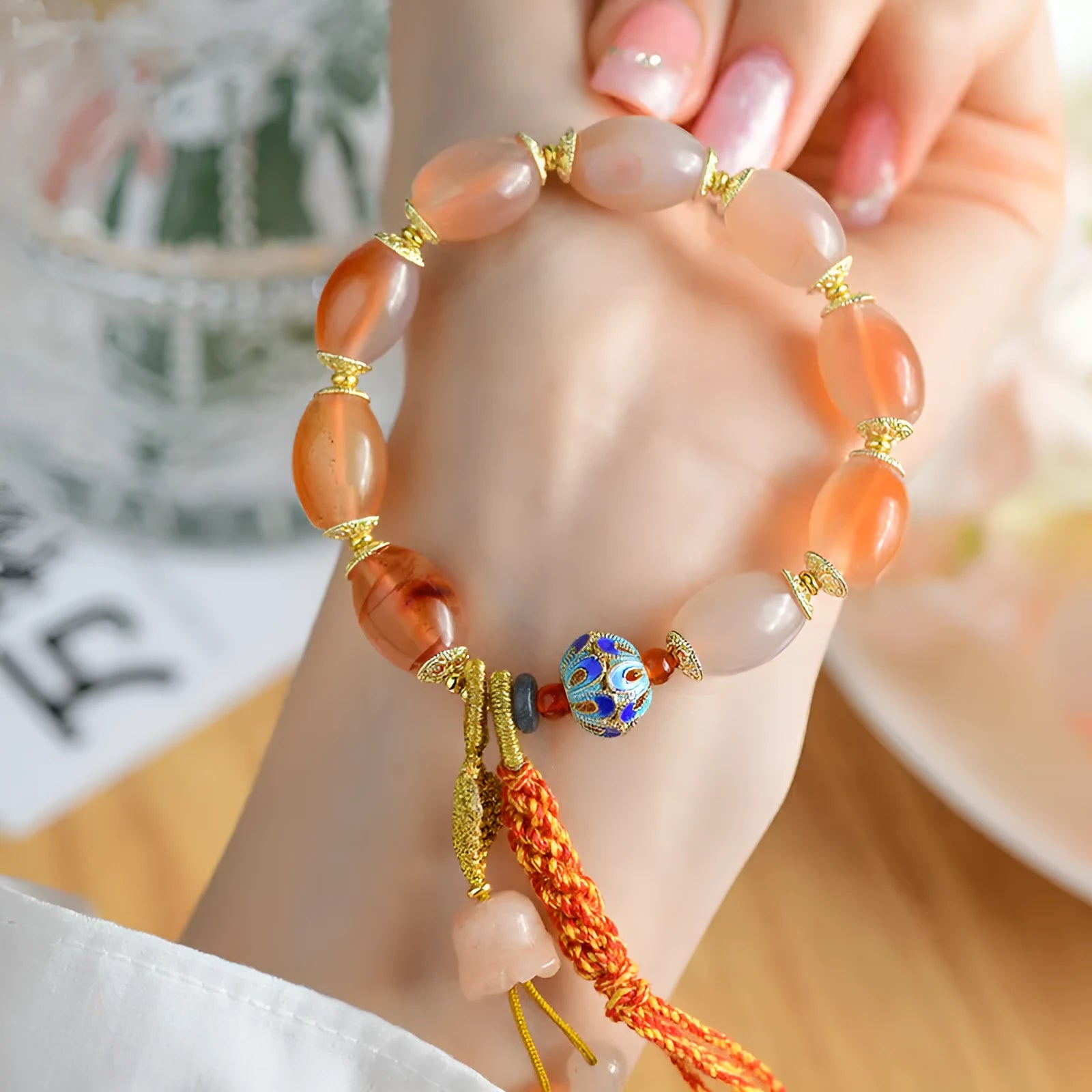 Handmade agate Tibetan bracelet with geometric flower patterns and lily elements in vintage ethnic style