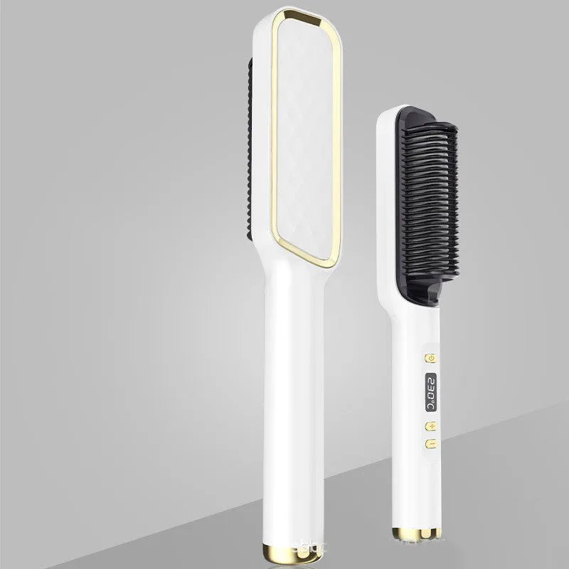 Gold professional electric hair straightener brush with ceramic heating plates and multiple heat settings.
