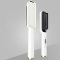 Gold professional electric hair straightener brush with ceramic heating plates and multiple heat settings.