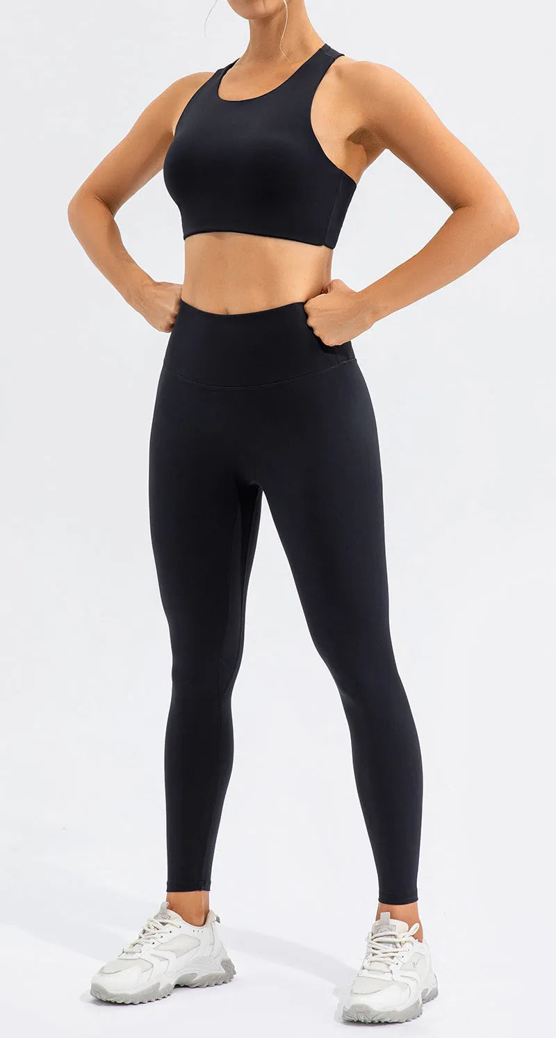High waist Lycra yoga set for women, tight top and pants in off-white, black or dark brown, sizes S-XL