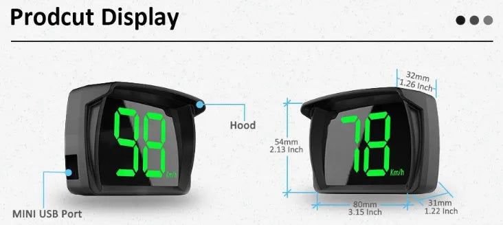 Universal USB head-up display speedometer with white or green readout and KMH or MPH modes