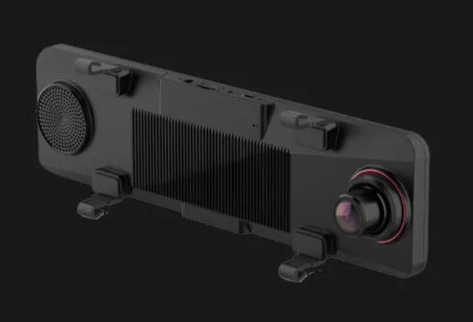 Black dual-channel car dash camera mounted as rearview mirror with touch screen and wide-angle lens