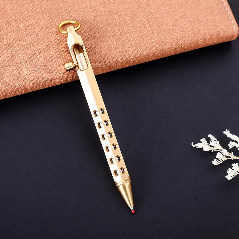Brass hexagonal bolt roller pen with 0.5mm tip, 13cm length, and retro black refill option.