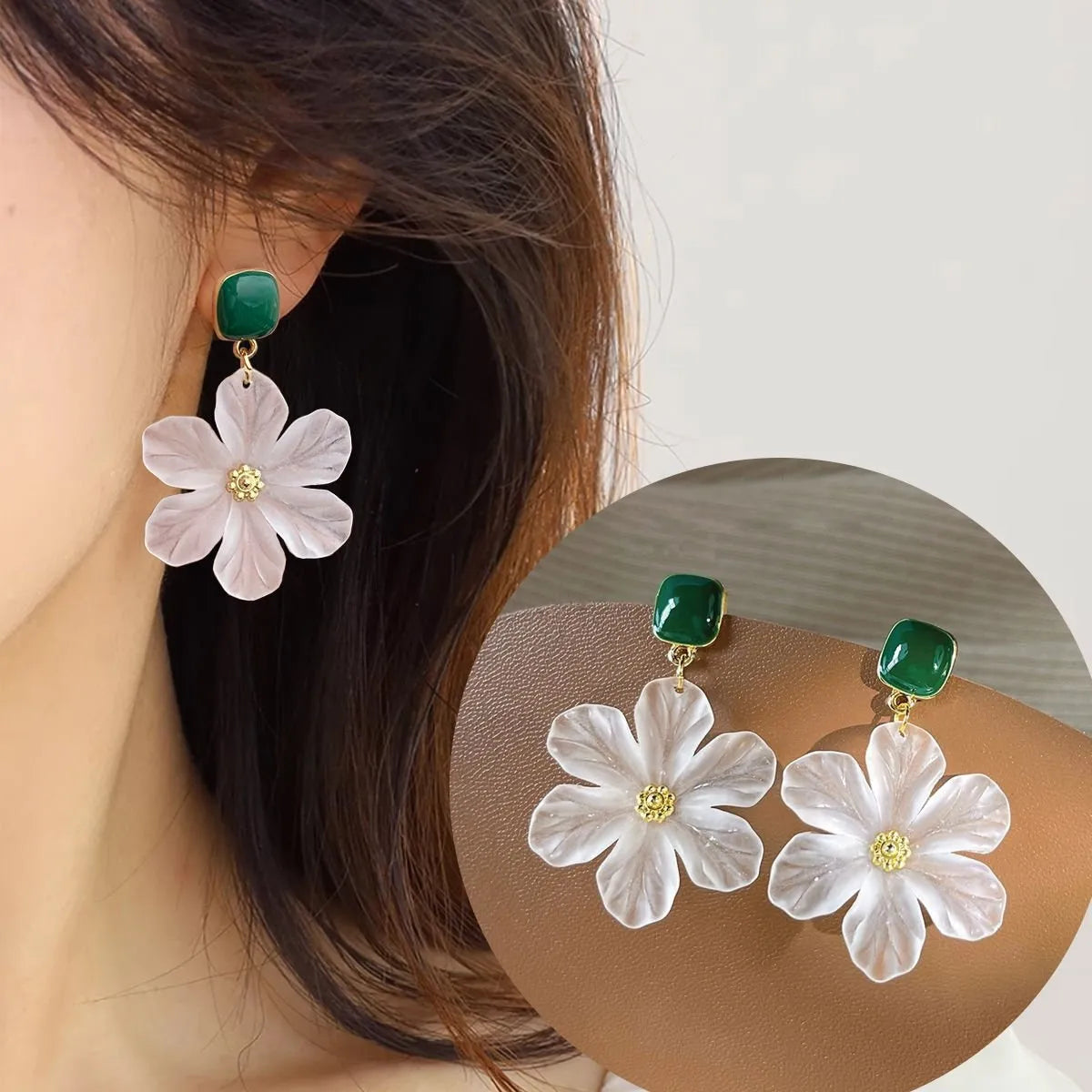 Dark green alloy drop earrings with a detailed sterling silver needle flowers sweet design.