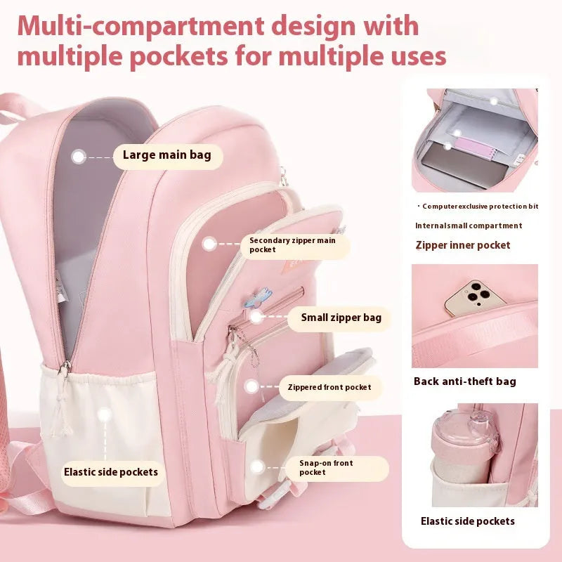 Girls waterproof school backpack in multiple colours with curved shoulder straps and spine protection