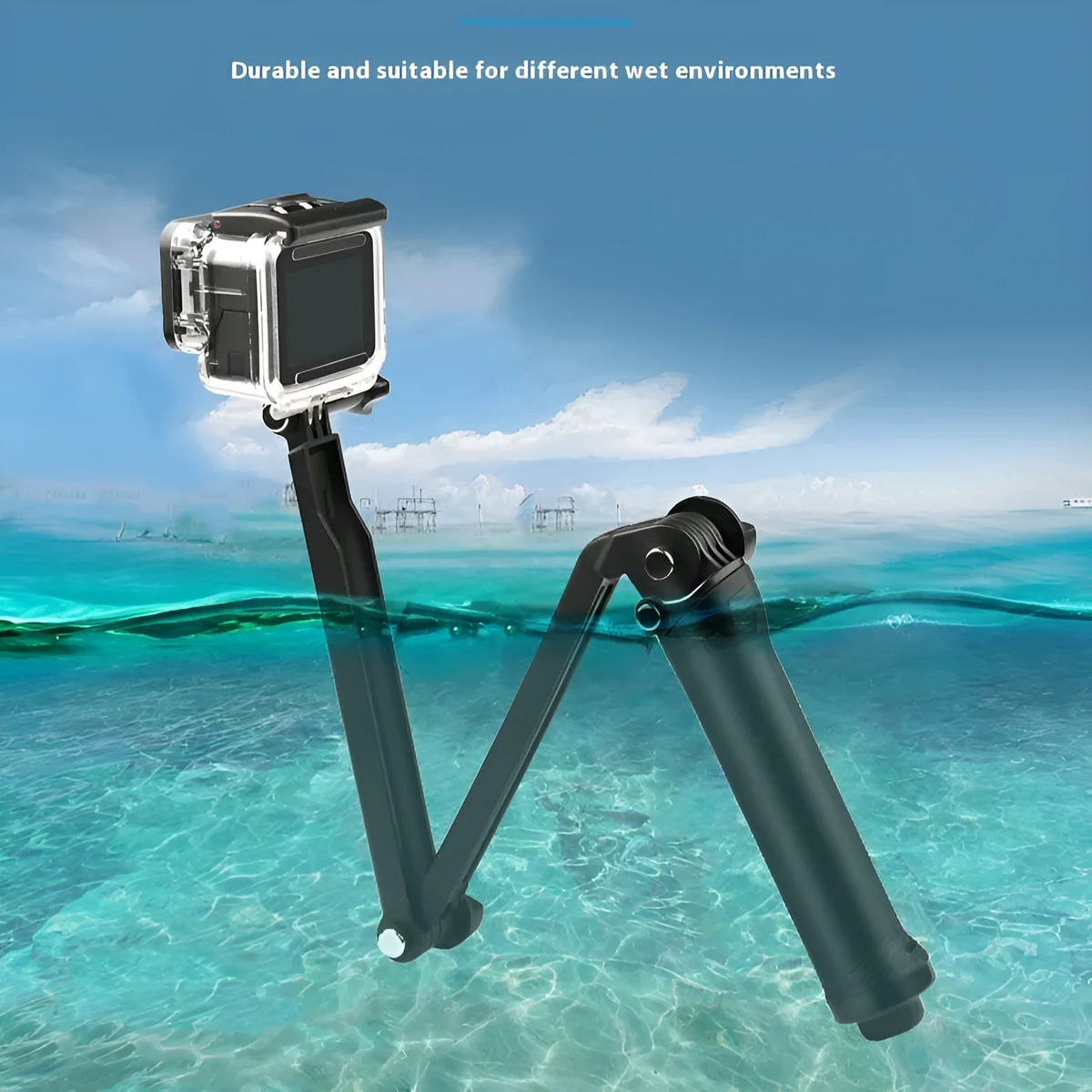 Black folding tripod for GoPro Hero action cameras, shown in compact and extended positions.