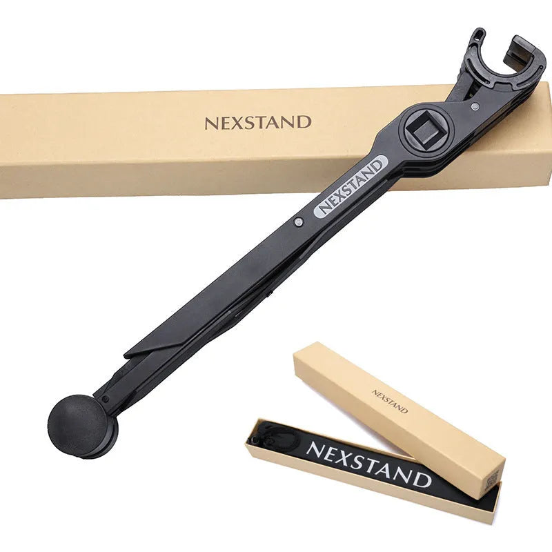 Black foldable portable laptop stand with enhanced nylon construction shown folded to 35.4cm with carrying case
