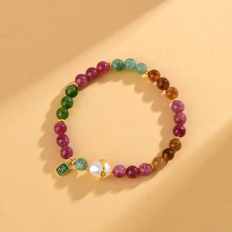 Geometric tourmaline and chalcedony crystal bracelet with 6.5mm beads