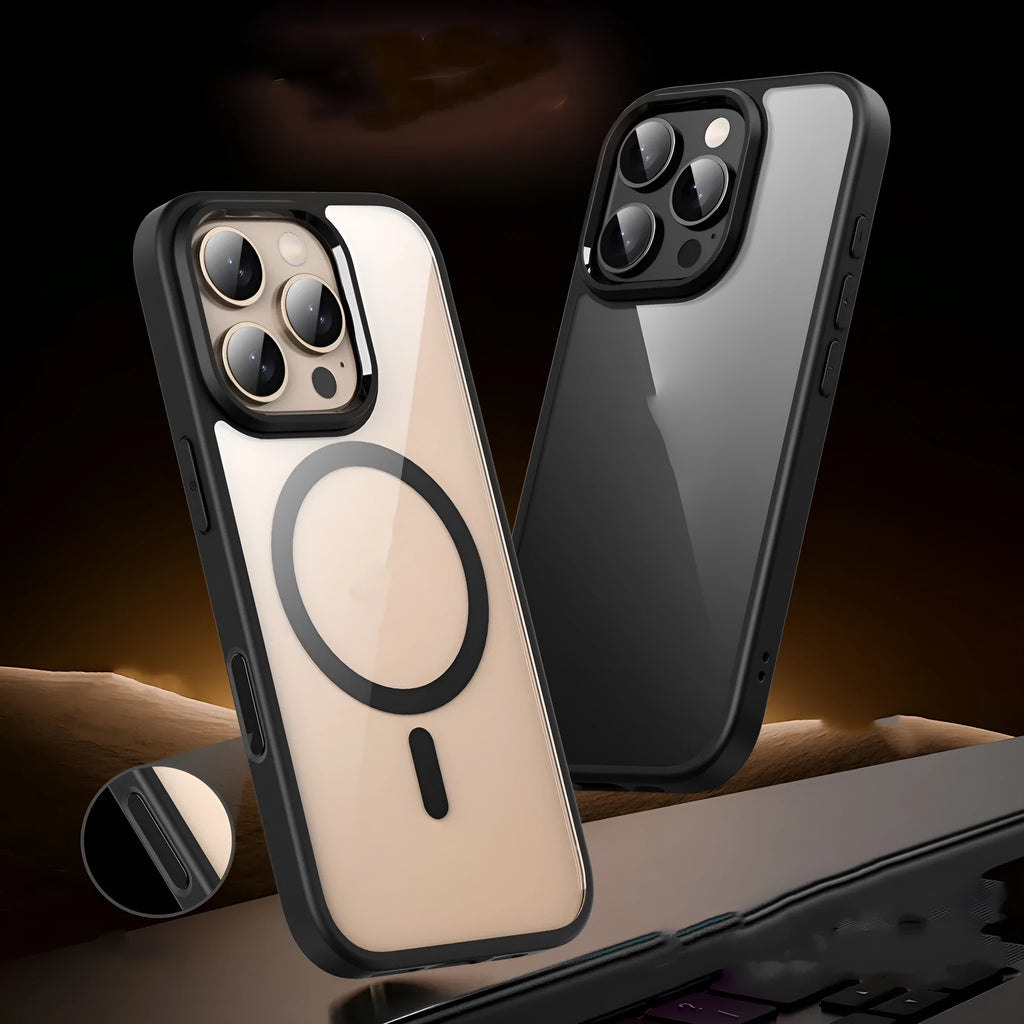 Clear black magnetic protective case for iPhone 16 with visible airbag corners on a white background.