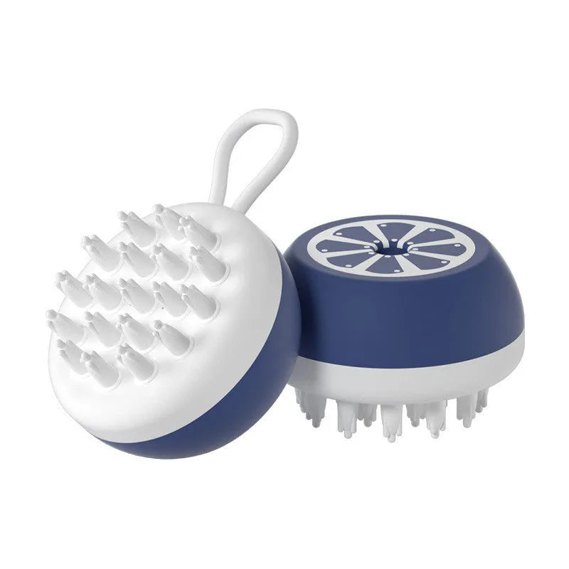 Yellow silicone pet bath brush with massage nodes and comb teeth on a white background.