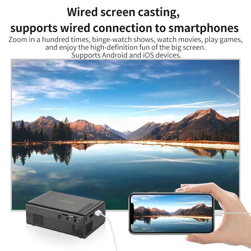 Portable mini projector in black or white with wired mobile phone connection for stable projection