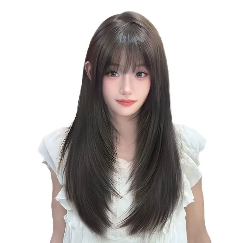 Black long straight layered wig with integrated hair net for women