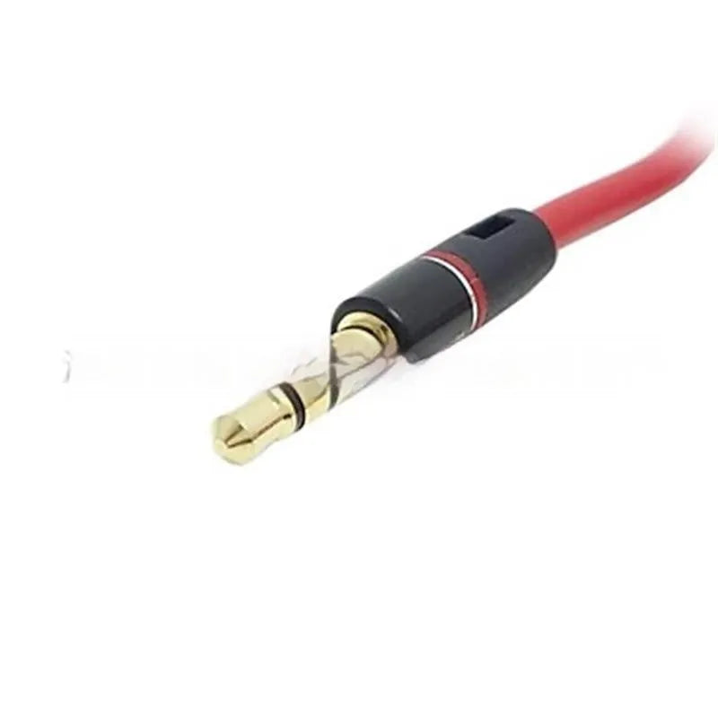 Red 35mm audio cable with elbow male-to-male connectors, 1m length, gold-plated plugs and bare copper wire.