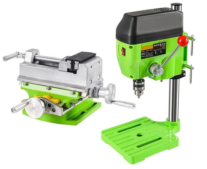 Mini bench drill and milling machine with 240W motor on a workbench for drilling and milling tasks
