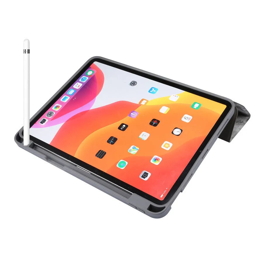 Tri-fold marbling iPad case in dark grey with integrated pen slot for Apple Pencil, showing shockproof imitation leather housing