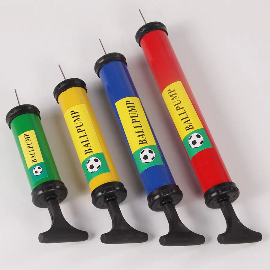 Mixed colour manual pump for inflating balls, available in sizes 20cm, 24cm, 28cm, and 32cm