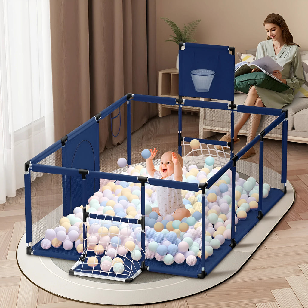 A large Dark Grey children's playpen tent with steel frame set up indoors on a carpet.