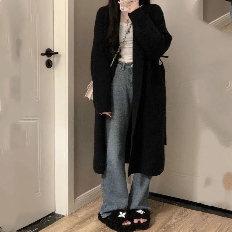 Loose large knitted cardigan with 3D effect pattern in dark gray, 65cm length, chenille fabric, long sleeves