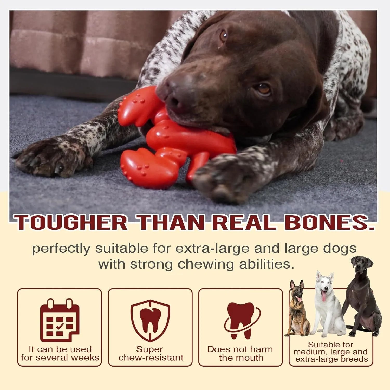 Red dog chew toy for aggressive chewers, 170mm long, 320g weight, durable hard material