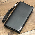 Men's black long zip bifold wallet made from waterproof PU leather, shown closed.
