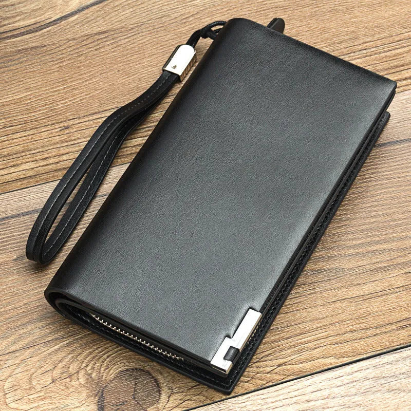 Men's black long zip bifold wallet made from waterproof PU leather, shown closed.