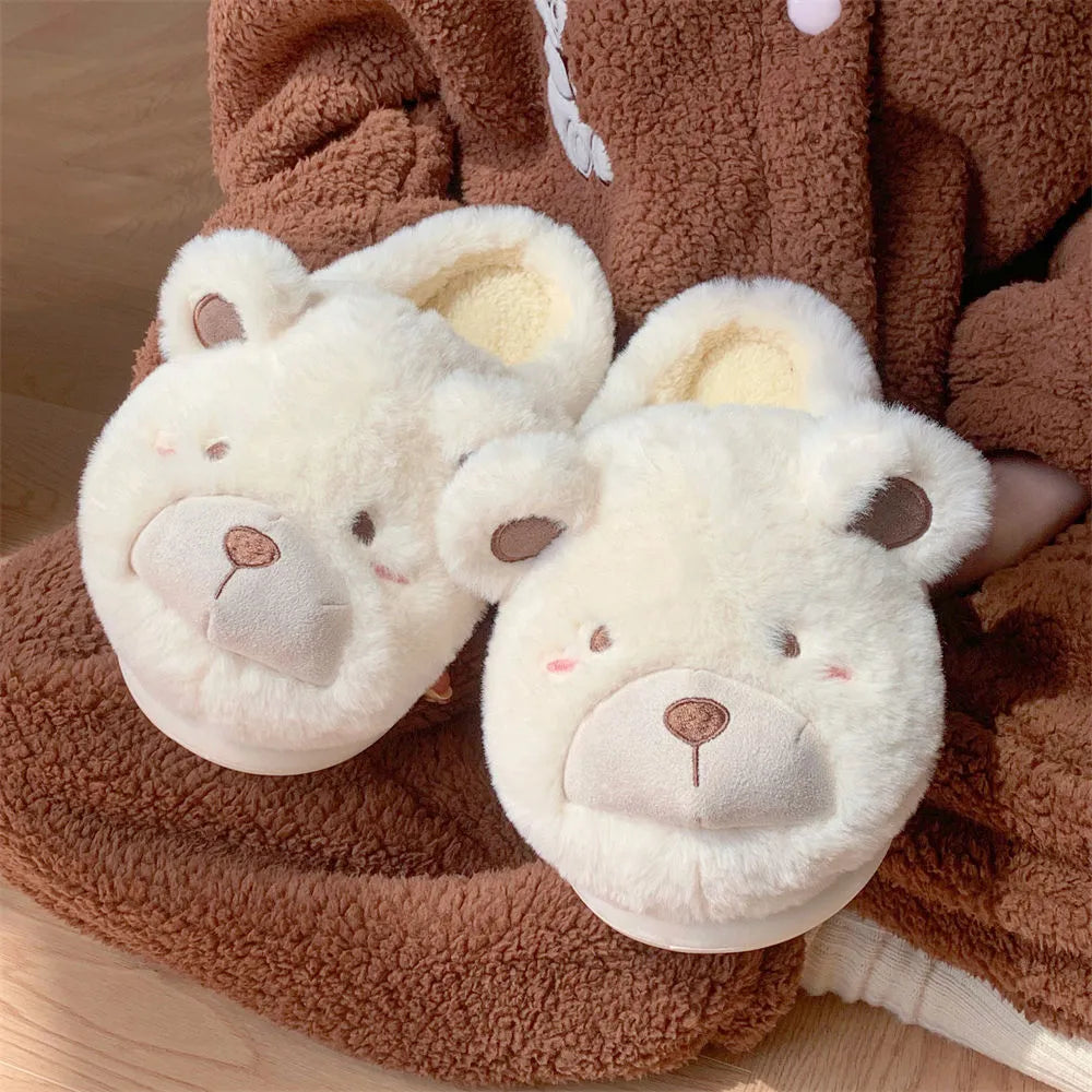 Women's cartoon pattern baotou plush sliders in khaki, available in UK sizes 36-41.