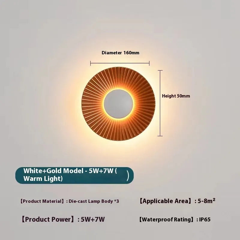 Round wall lamp with aluminium shade and LED light source for bedroom lighting