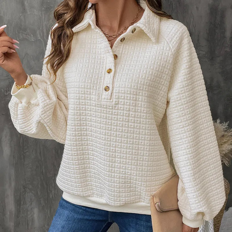 Women's solid colour polo collar sweater with long sleeves in milky white, showing thickened texture and pullover style.