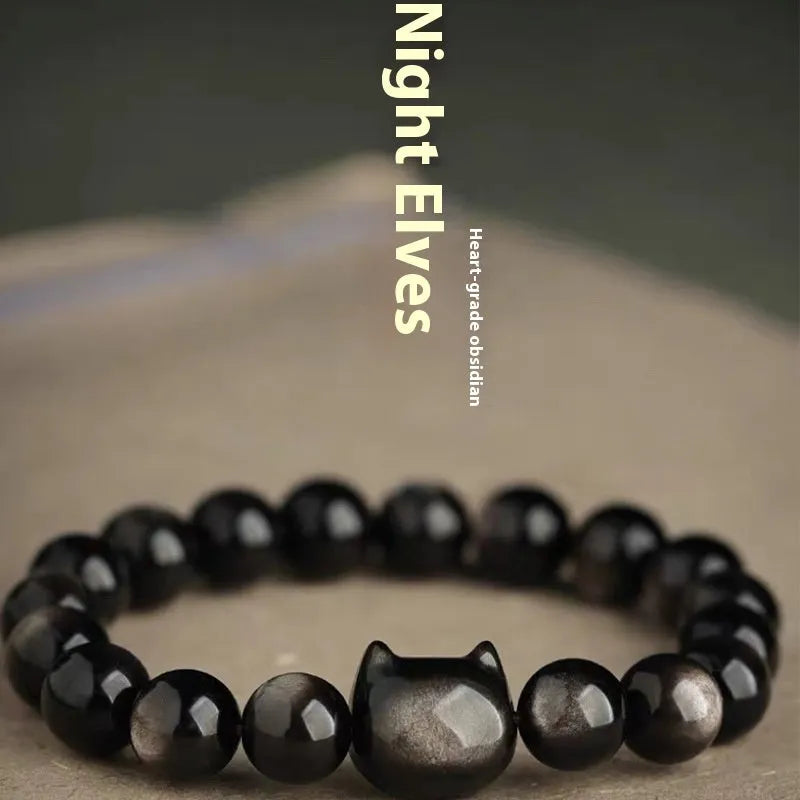 Obsidian cat head bracelet in gold or silver style with round polished stone beads