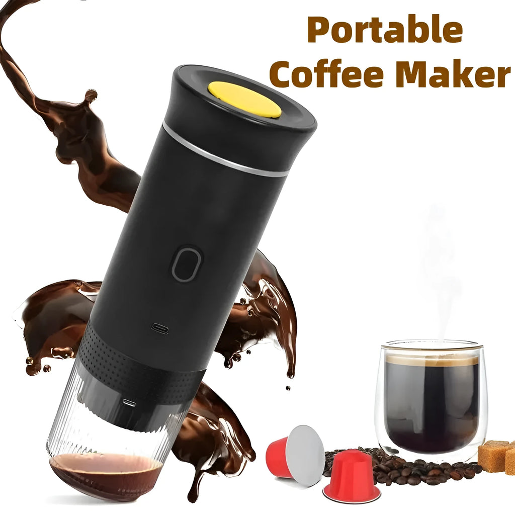 White portable 3-in-1 espresso coffee maker machine with USB cable on a wooden table