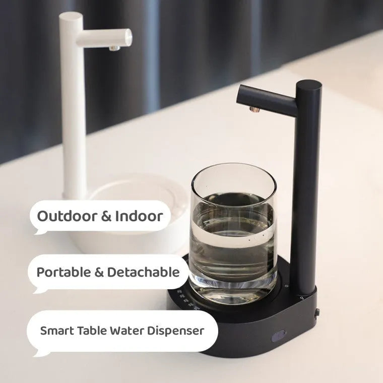 White electric water dispenser pump with USB charging cable next to gallon water bottle