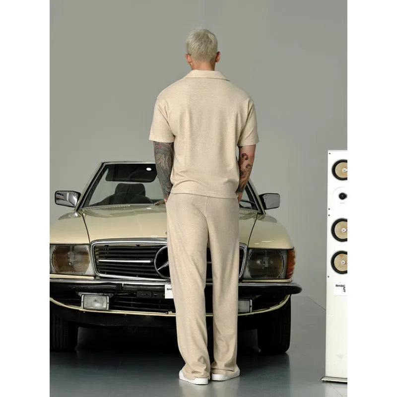Men's beige cotton lapel short-sleeved T-shirt and trousers suit, casual summer two-piece set for elderly men