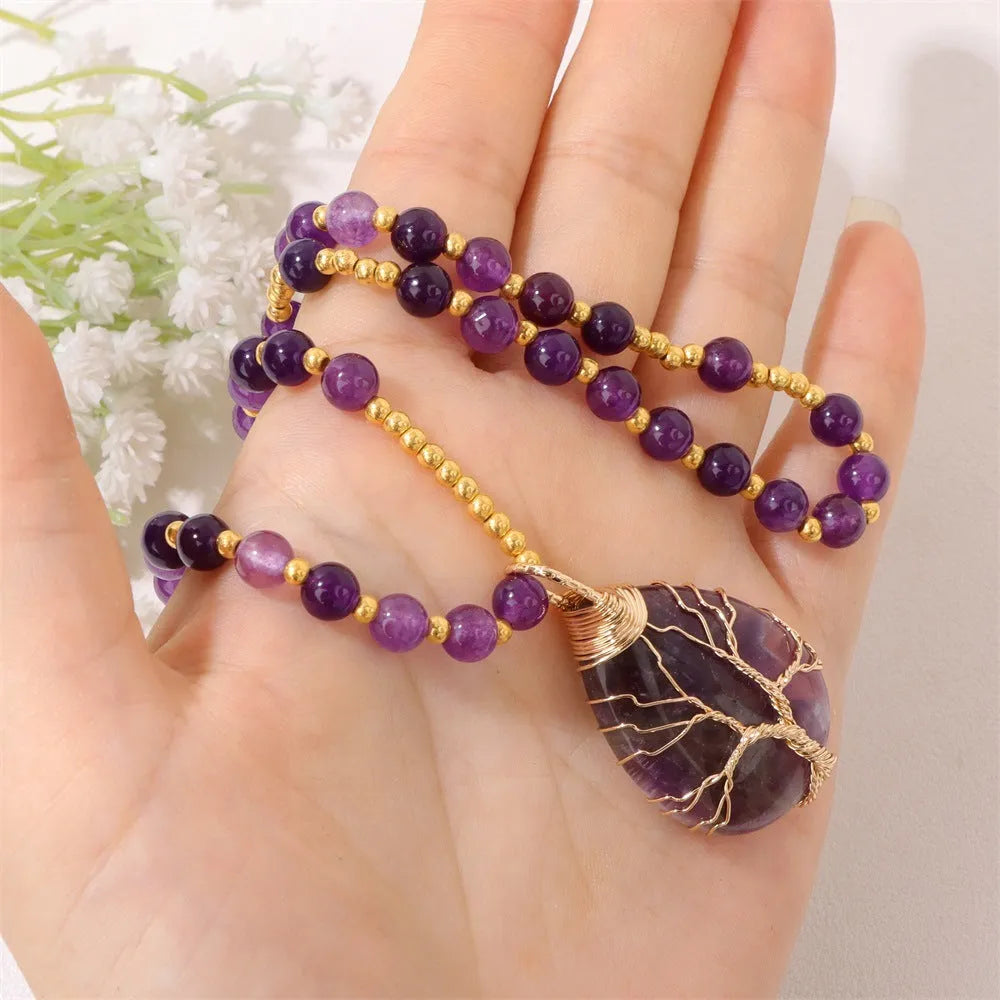 64cm elastic stone pendant necklace with 6mm beads and artificial crystal pendant, seaside beach style