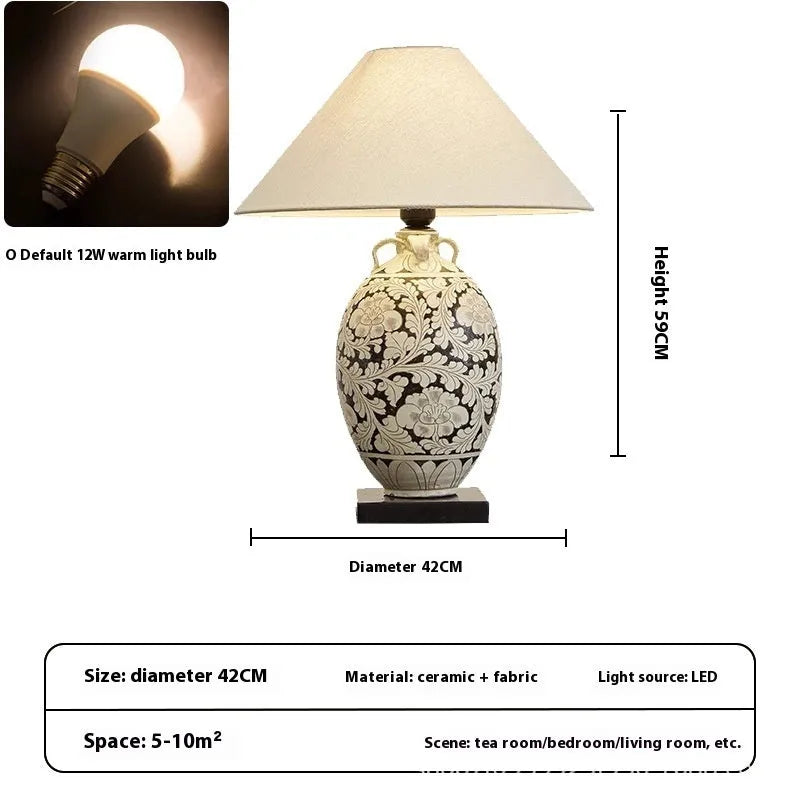 New Chinese style ceramic table lamp with fabric shade, 59 x 42cm, for study room decoration