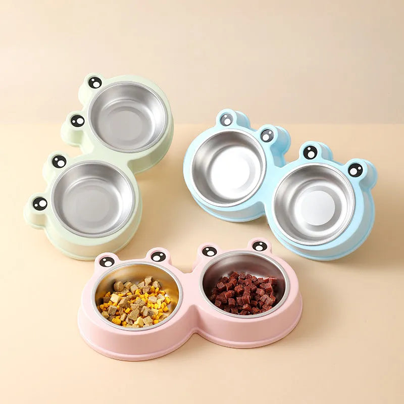 Stainless steel pet feeding bowl with two sections for food and water, in blue colour, measuring 30cm long