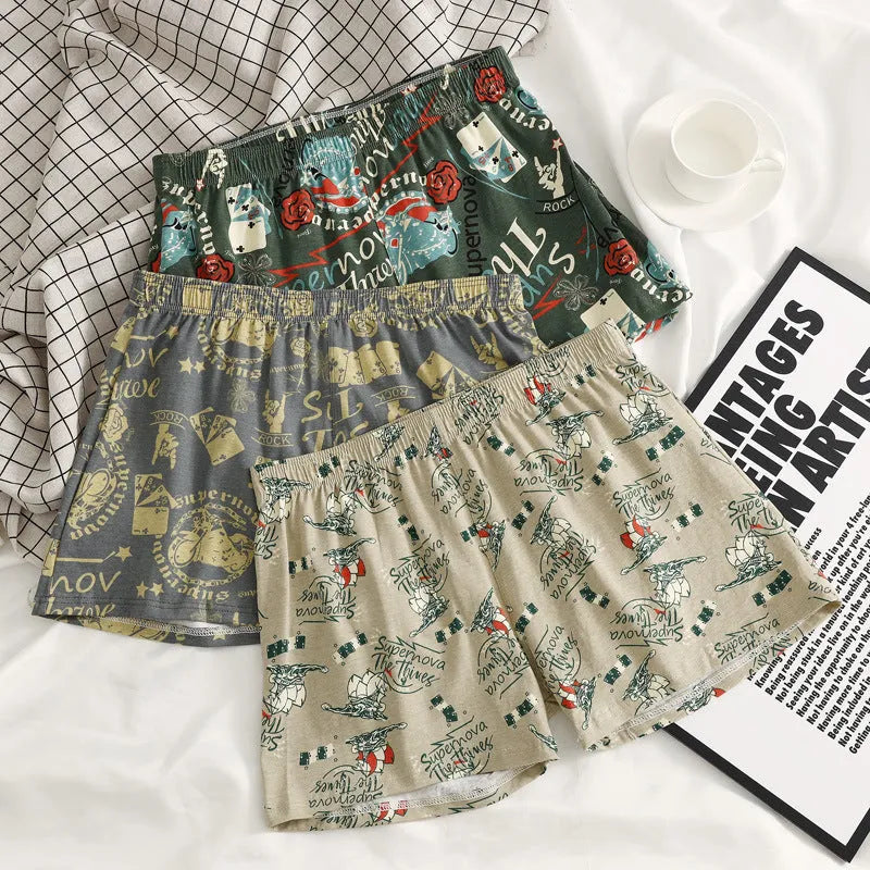 Cotton printed men's boxer shorts in grey blue green patterns with loose mid-waist fit