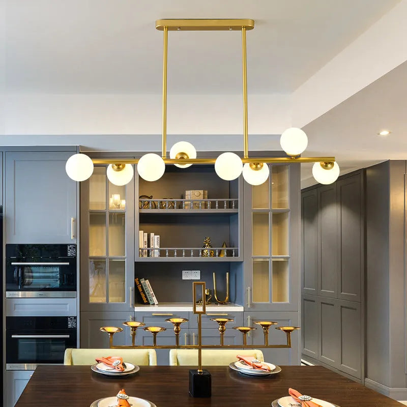 Modern minimalist glass bubble ball chandelier with iron frame, black or gold finish, for restaurant or kitchen