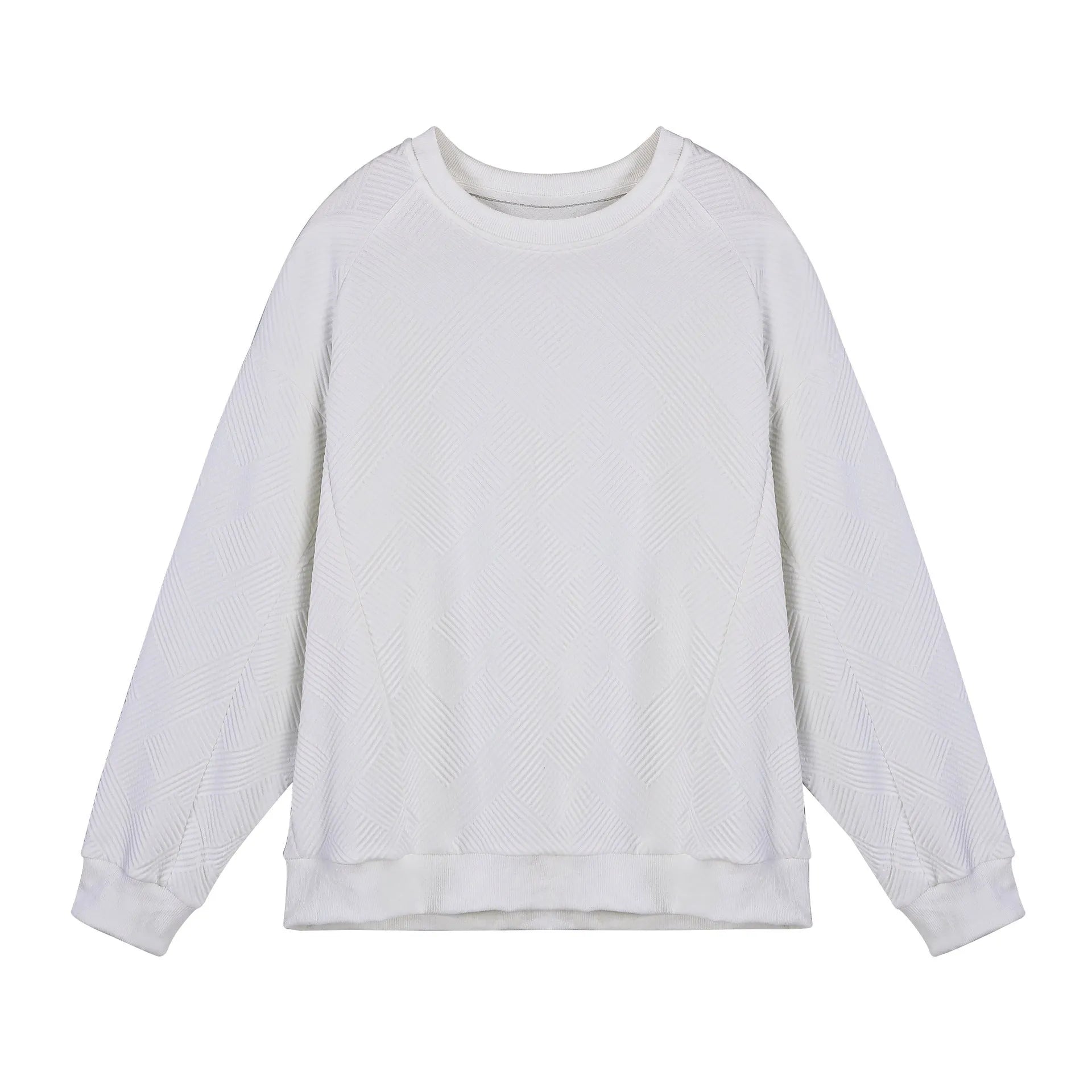 Men's solid colour long-sleeved sweater in twill jacquard fabric, shown in a loose fit with a round neck.